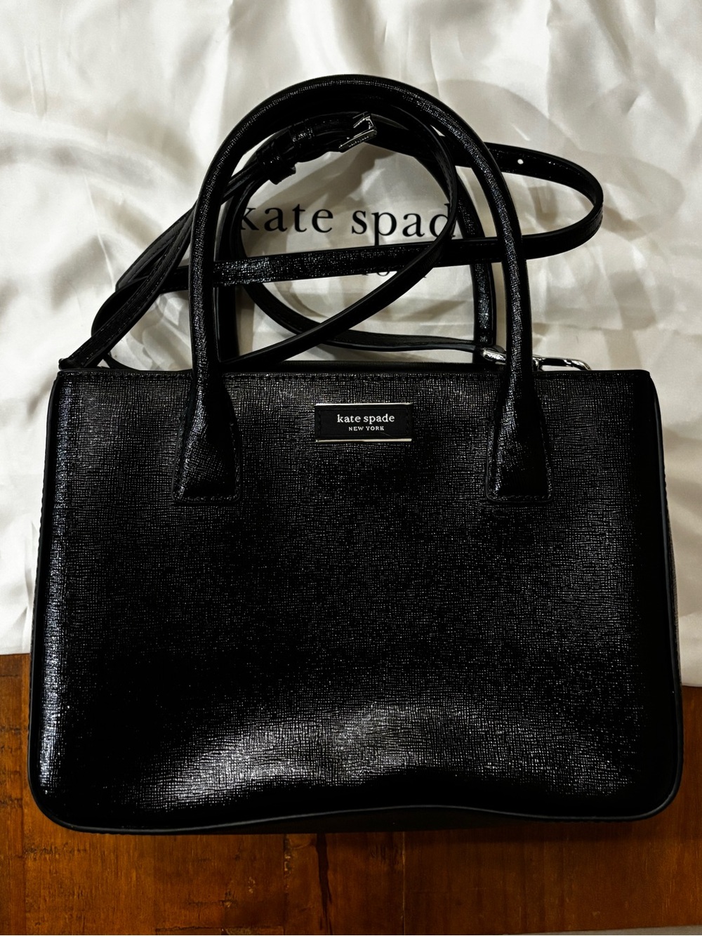 kate spade Black Textured Leather Satchel with Crossbody Strap